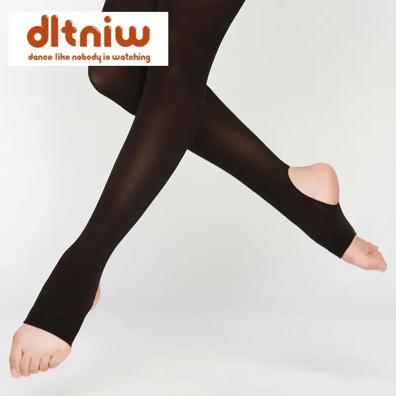 Black stirrup dance tights with open feet.