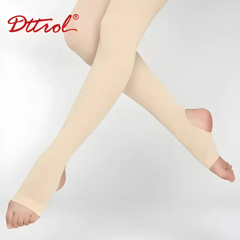 Beige compression stockings with open toes.