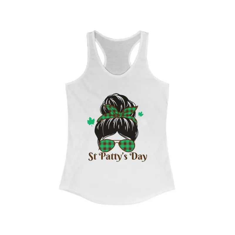 White racerback tank top featuring a St. Patrick’s Day design with messy bun hairstyle, green sunglasses, and shamrocks.