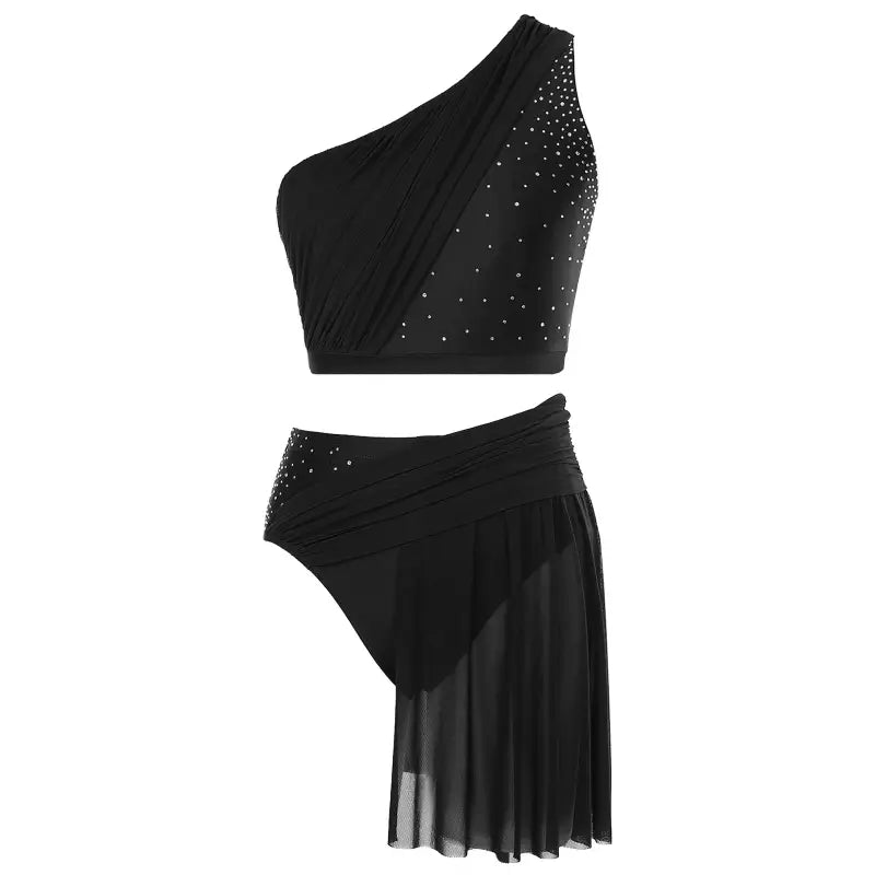 Black one-shoulder dance costume with rhinestone details and an attached sheer skirt.