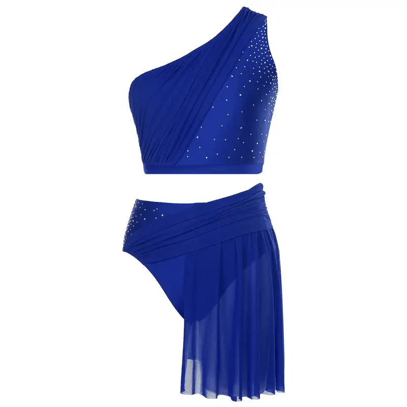 Royal blue two-piece dance costume with rhinestone accents and asymmetrical design.