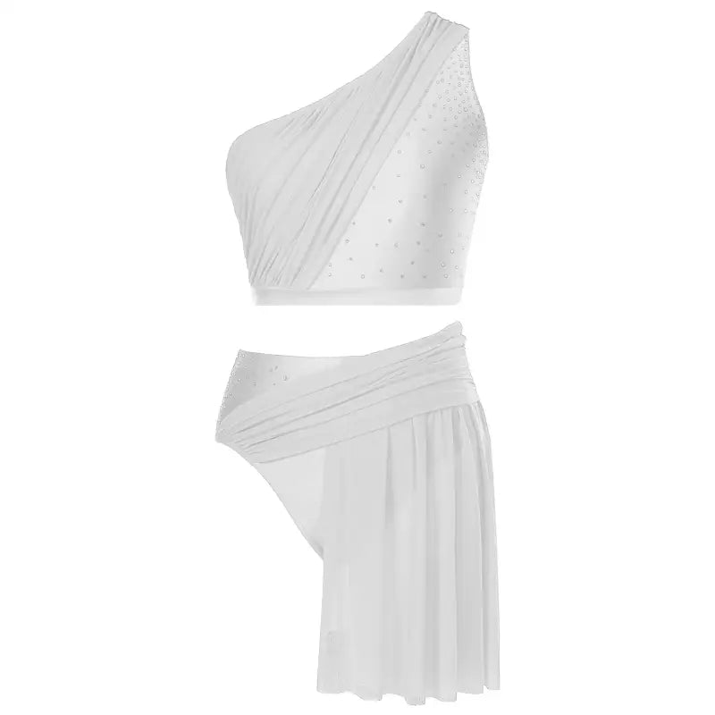 White two-piece asymmetrical dance costume with a one-shoulder top and draped skirt.