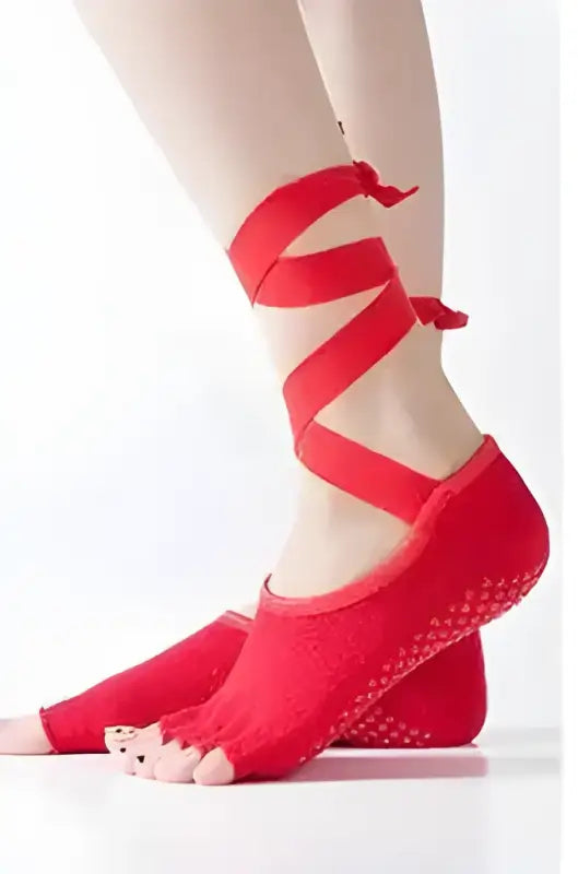 Red toe socks with ankle straps.