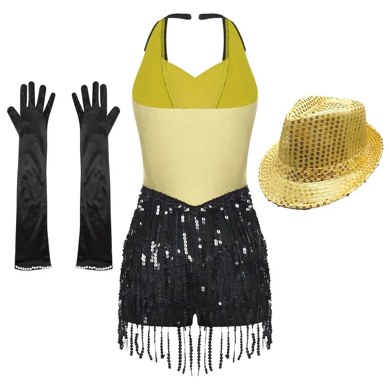 Dance costume ensemble featuring a yellow halter top, black sequined shorts with fringe, long black gloves, and a gold sequined fedora hat.