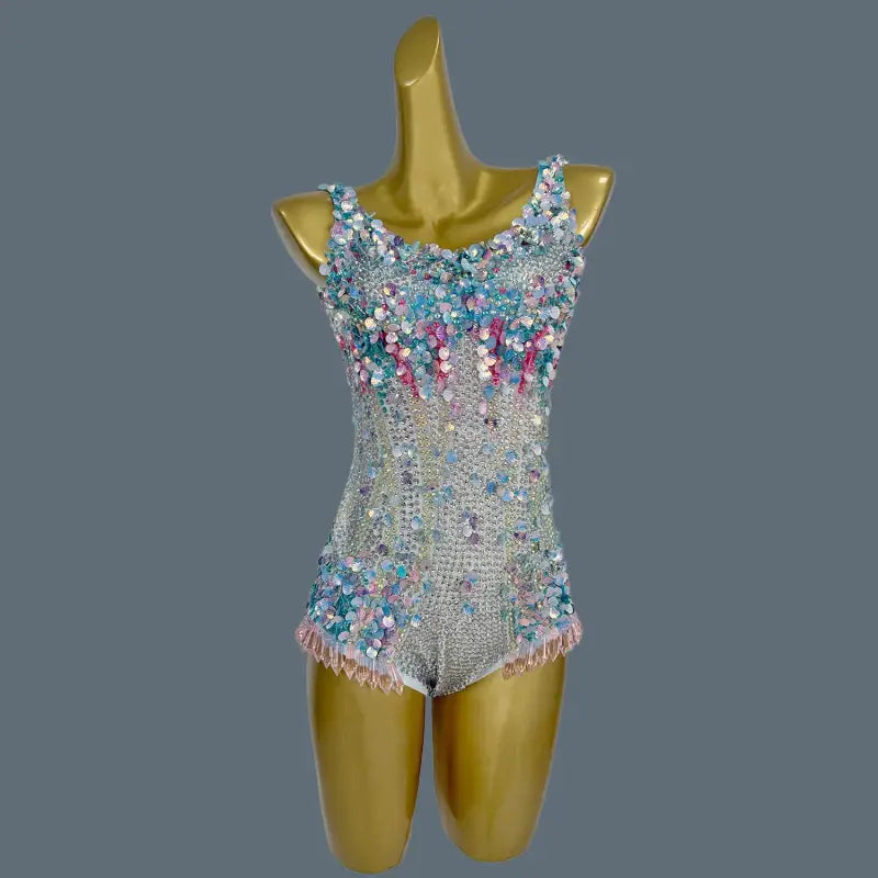 Sequin-covered dance leotard.