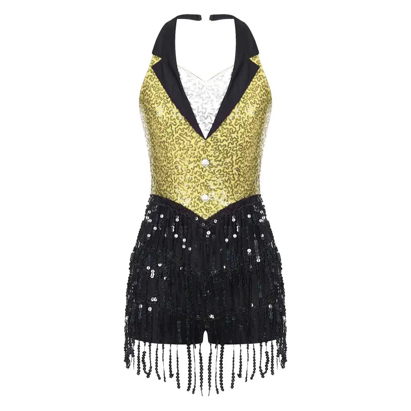 Gold and black sequined halter-style dance costume with fringe detailing.