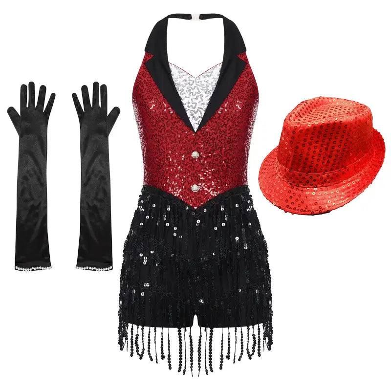 Sparkly red and black halter-style dance costume with fringe detailing, paired with long black gloves and a red sequined fedora.