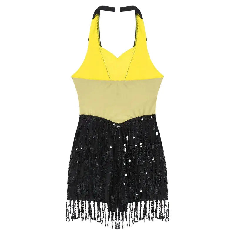 Yellow and beige halter dress with black sequined fringe skirt.