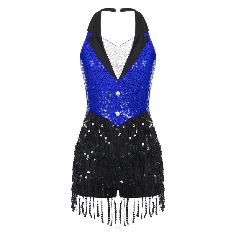 Sparkly blue and black dance leotard with fringe detailing and a plunging neckline.