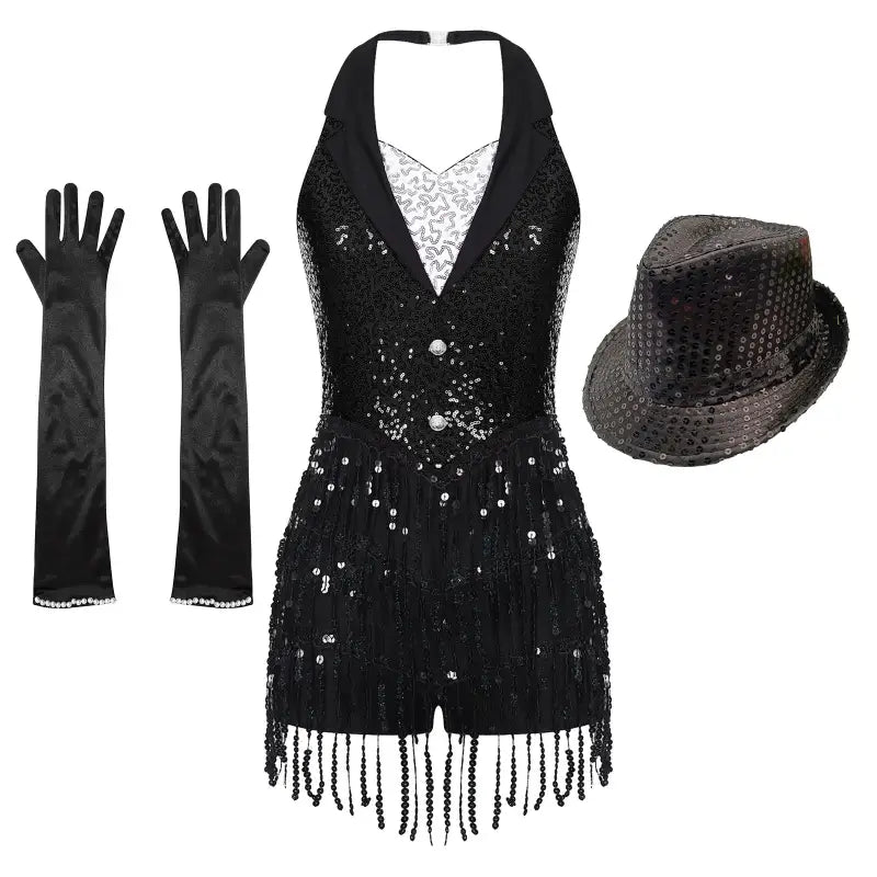 Black sequined halter-neck flapper dress with fringe detail.