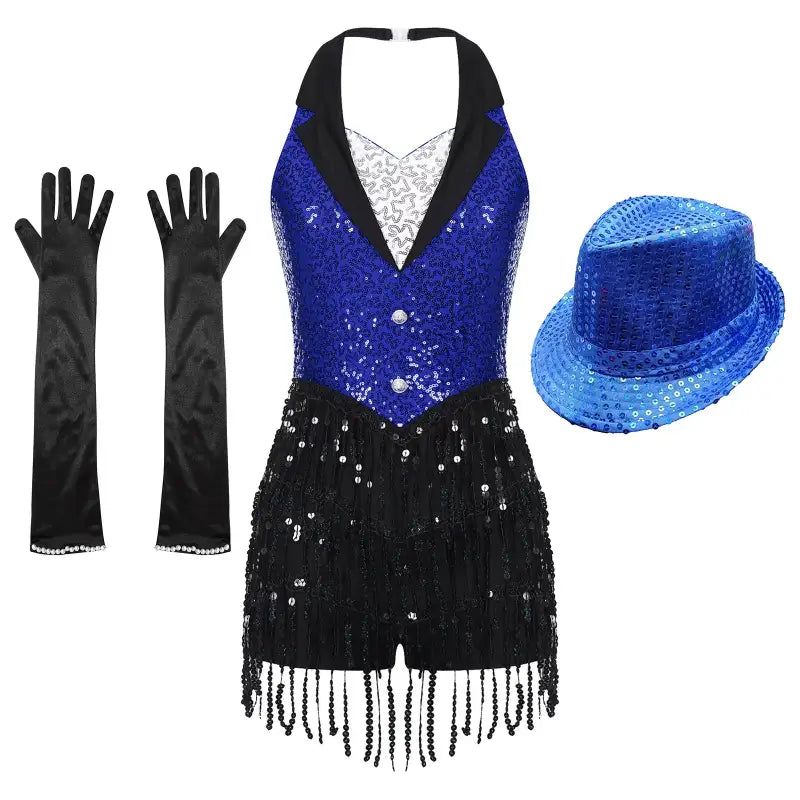 Sparkly blue and black dance costume with matching gloves and sequined fedora hat.