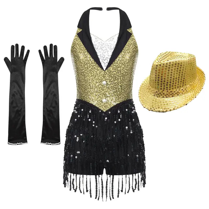 Gold and black sequined halter-style dance costume with fringe detailing, paired with long black gloves and a metallic fedora.