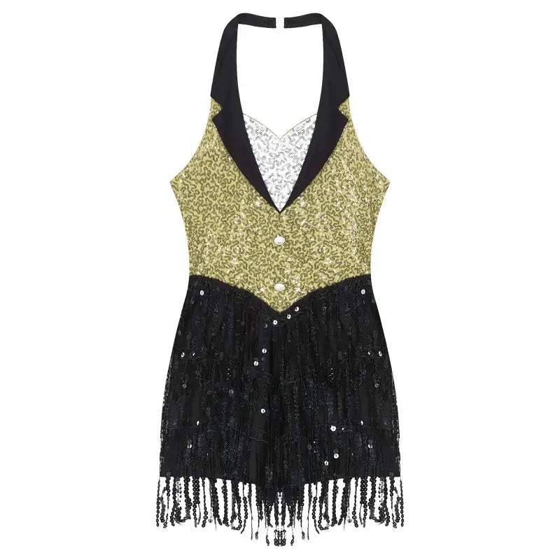 Sparkly gold and black halter-style dance costume with fringe detailing.