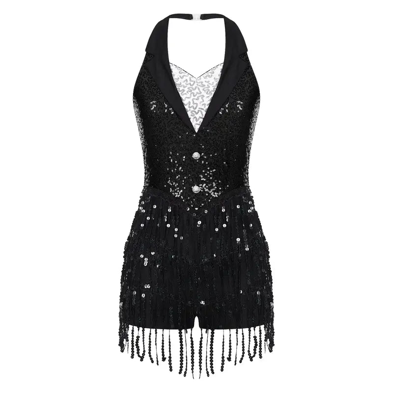 Black sequined halter romper with fringe trim and beaded details.