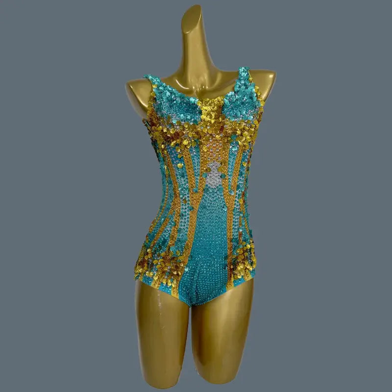 Turquoise and gold sequined bodysuit.