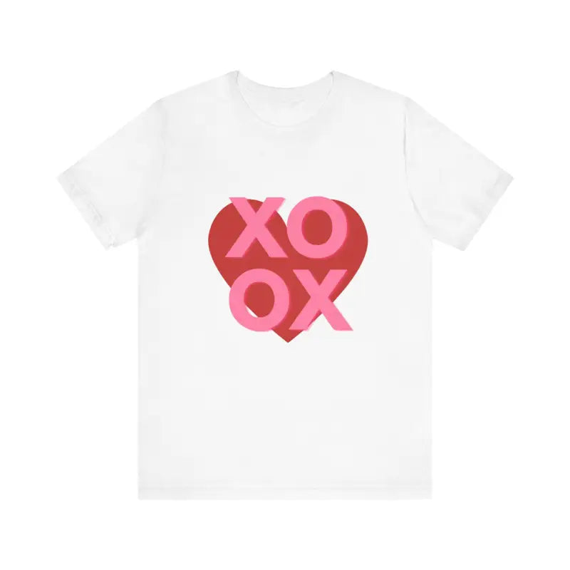 White t-shirt with ’XOXO’ text inside a red heart design.