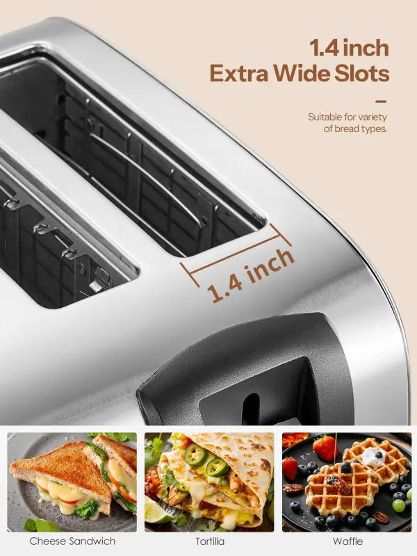 Silver toaster with wide slots.