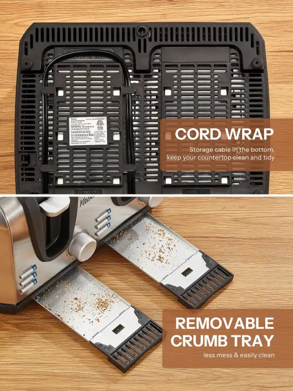 Toaster with cord wrap and removable crumb trays.