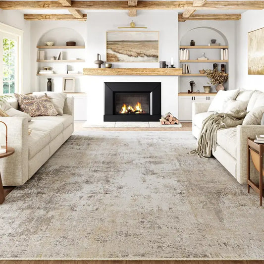 10x14 Washable Beige & Grey Abstract Area Rug - Non-Slip Soft Low Pile for Living Room & Bedroom - United States