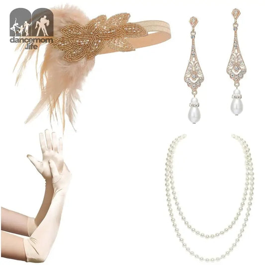 1920S Flapper Accessories Great Gatsby Costume Accessories 20S Flapper Headband Pearl Necklace Gloves Plastic Holder