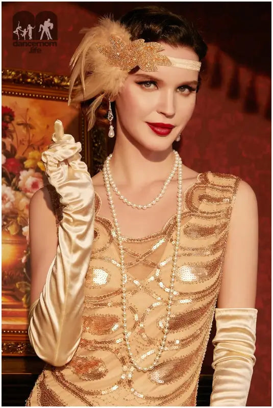 1920S Flapper Accessories Great Gatsby Costume Accessories 20S Flapper Headband Pearl Necklace Gloves Plastic Holder