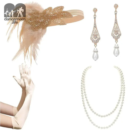 1920S Flapper Accessories Great Gatsby Costume Accessories 20S Flapper Headband Pearl Necklace Gloves Plastic Holder