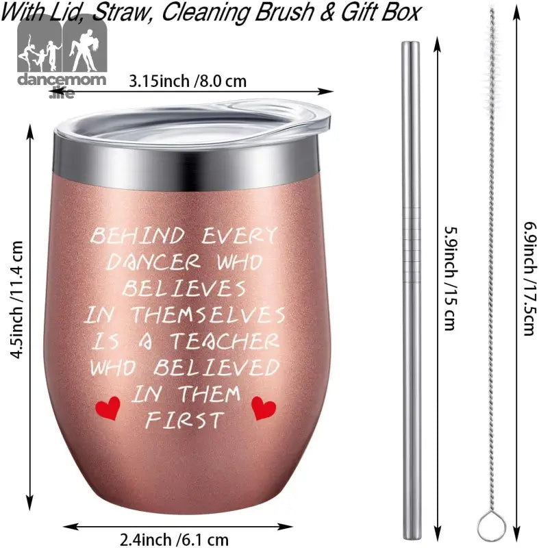 2 Pack Dance Teacher Appreciation Gift for Women, Customized End of Year Birthday Dance Teacher Christmas for Dance Instructor Gift, 12 Oz Wine Tumbler Glass with Lids Straws and Brushes