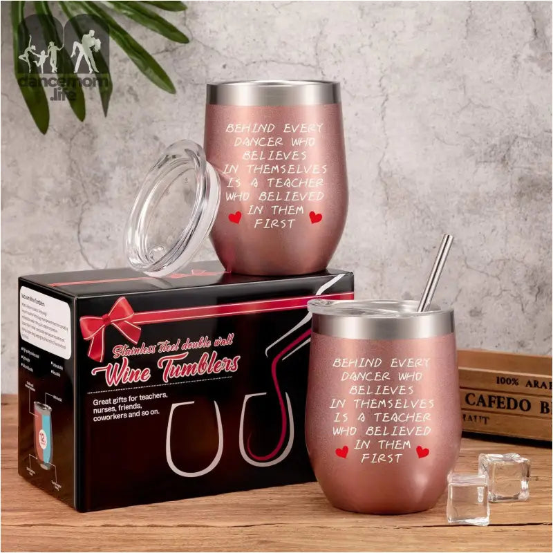 2 Pack Dance Teacher Appreciation Gift for Women, Customized End of Year Birthday Dance Teacher Christmas for Dance Instructor Gift, 12 Oz Wine Tumbler Glass with Lids Straws and Brushes