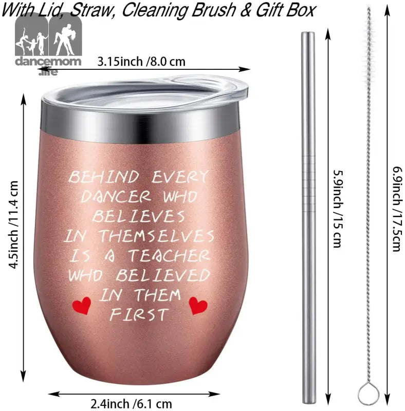 2 Pack Dance Teacher Appreciation Gift for Women, Customized End of Year Birthday Dance Teacher Christmas for Dance Instructor Gift, 12 Oz Wine Tumbler Glass with Lids Straws and Brushes