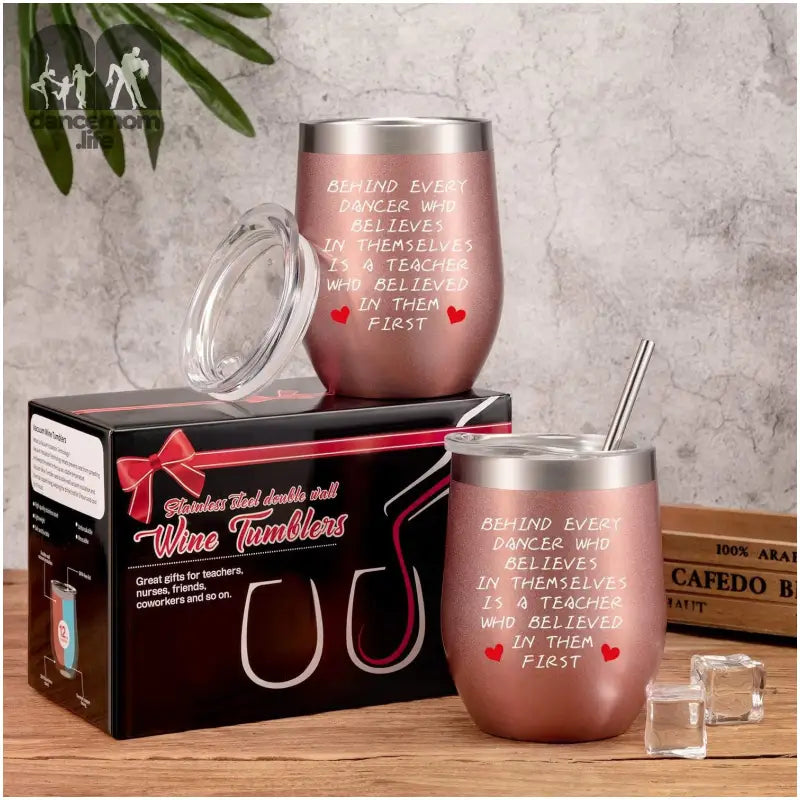 2 Pack Dance Teacher Appreciation Gift for Women, Customized End of Year Birthday Dance Teacher Christmas for Dance Instructor Gift, 12 Oz Wine Tumbler Glass with Lids Straws and Brushes