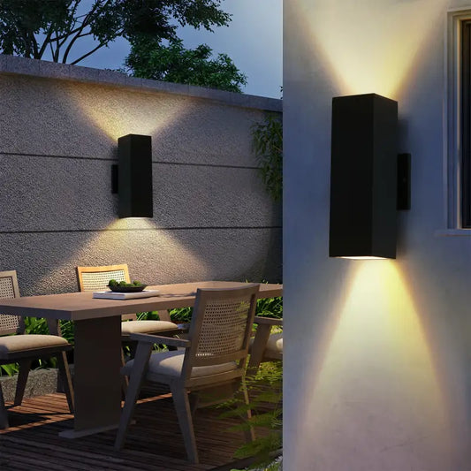 Black rectangular outdoor wall lights.