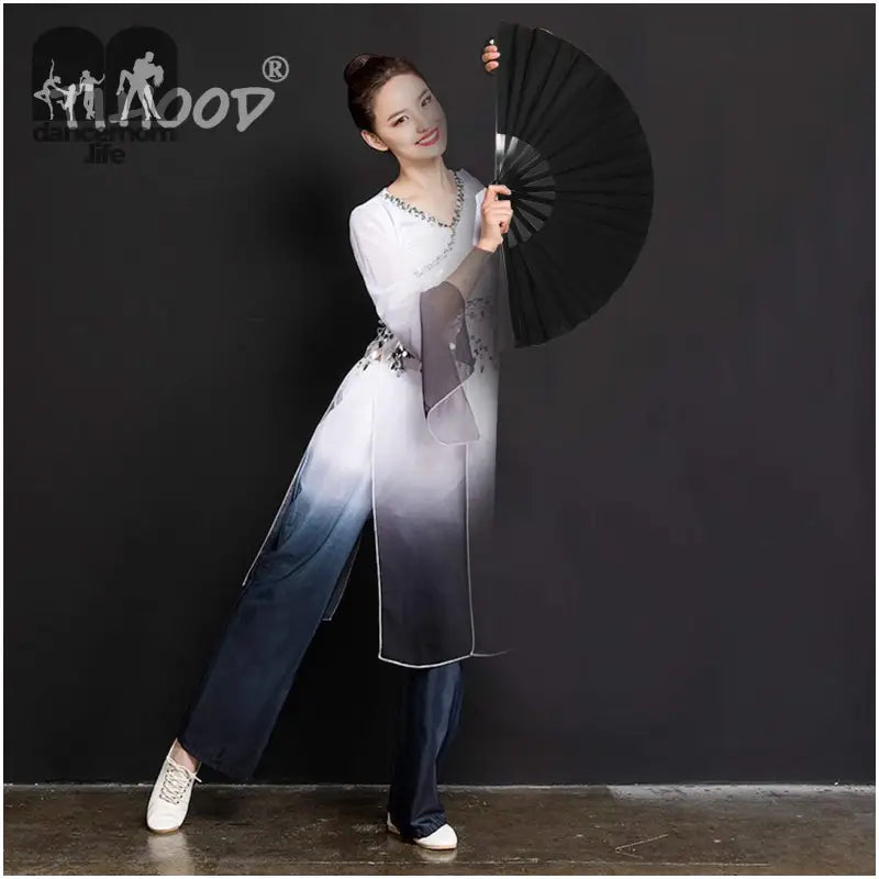 2PCS Large Folding Silk Hand Fan Hand Folding Fans Chinese Tai Chi Folding Fan for Men and Women Performance, Dance, Decorations, Festival, Gift (Black X2)