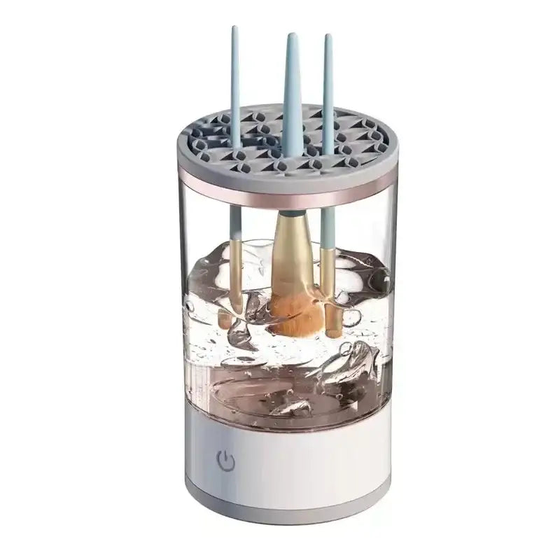 Makeup brush cleaner with brushes.