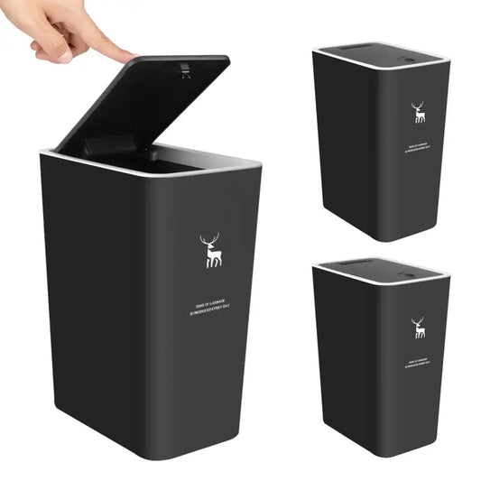 Black rectangular trash can with lid.