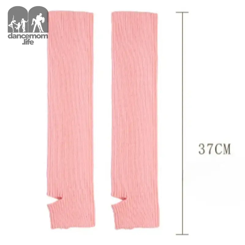 Pink ribbed arm warmers with thumb holes.