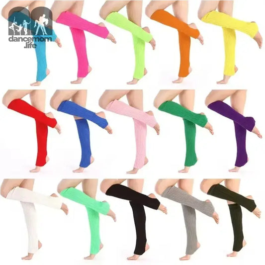 Colorful leg warmers arranged in rows showing different vibrant shades.