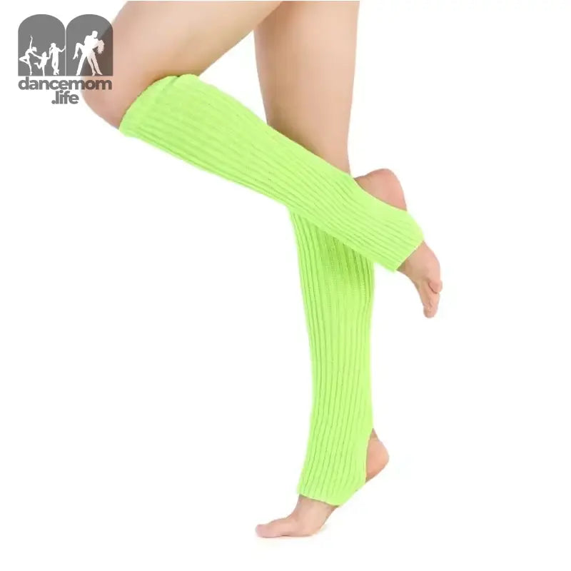 Neon green knitted leg warmers without feet coverage.