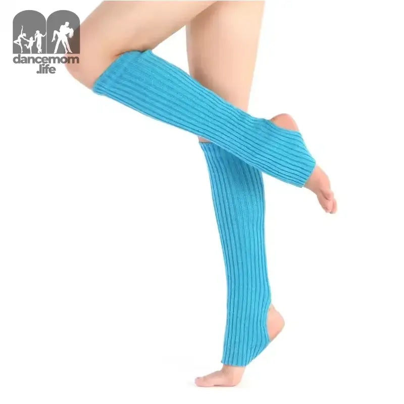 Bright turquoise ribbed leg warmers without feet coverage.