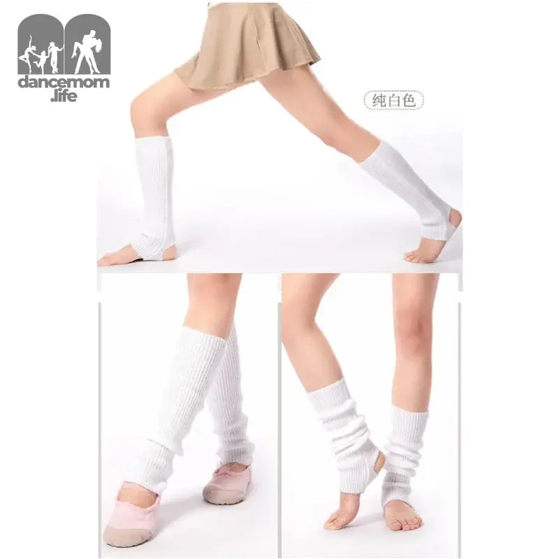 White knit leg warmers shown worn in different positions.