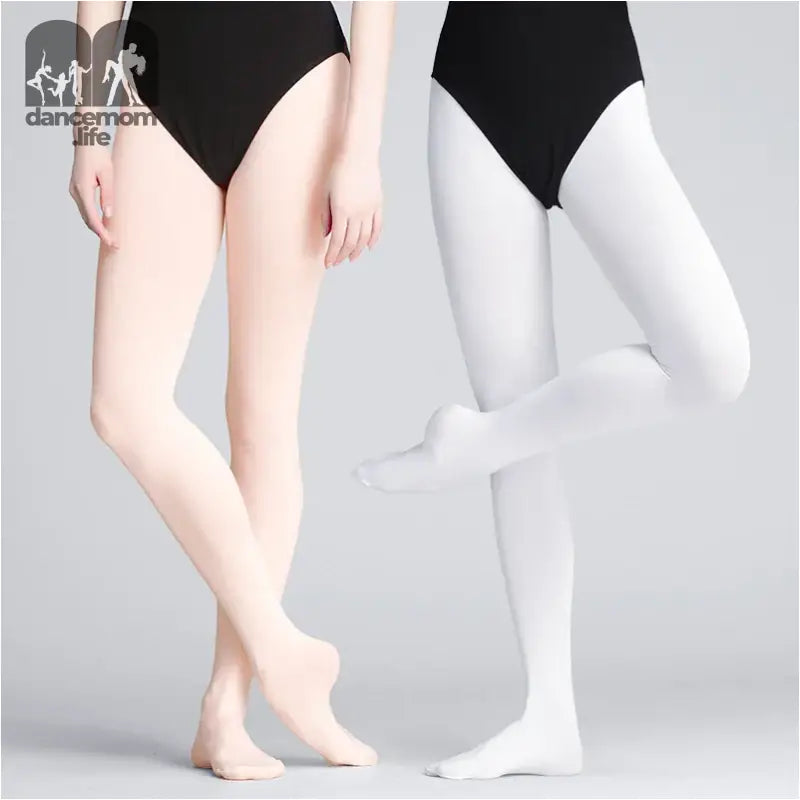 Ballet tights in pink and white colors worn with black leotards.