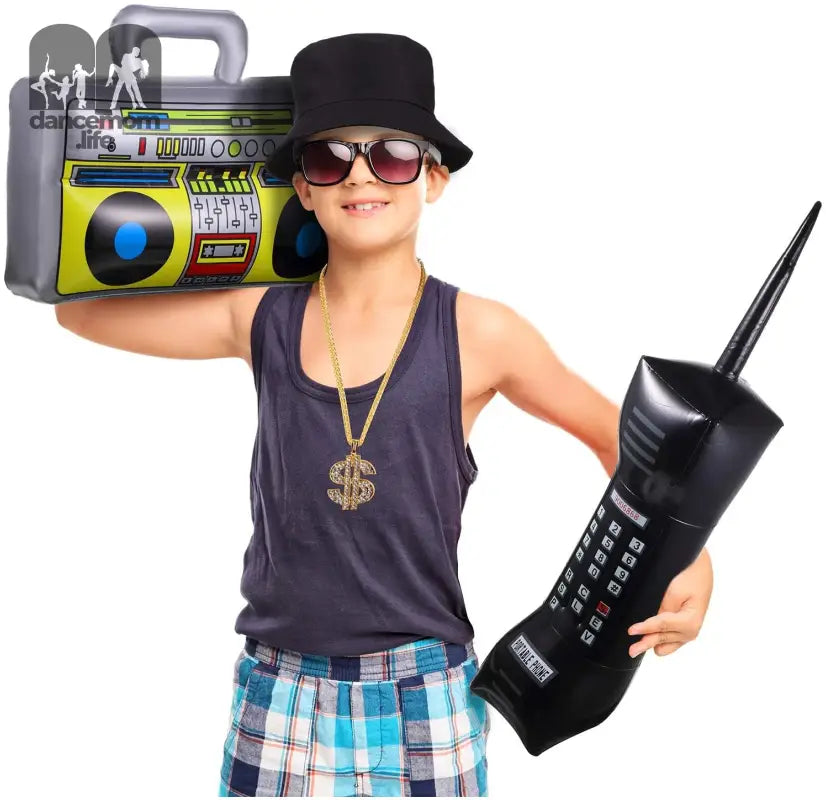 6 Pcs 80S 90S Hip Hop Costume Outfit Kit Inflatable Radio Boombox Necklace Ring Sunglasses Hat Rapper Accessories