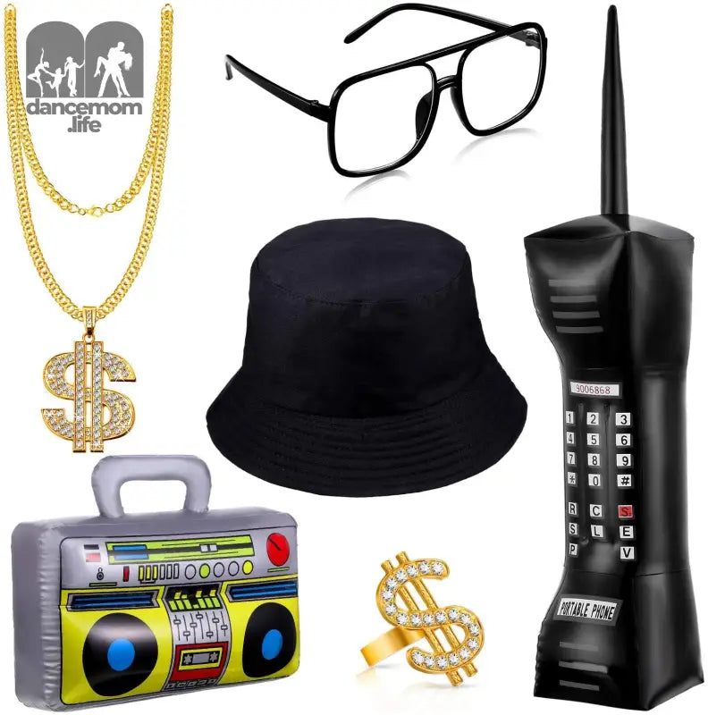 6 Pcs 80S 90S Hip Hop Costume Outfit Kit Inflatable Radio Boombox Necklace Ring Sunglasses Hat Rapper Accessories