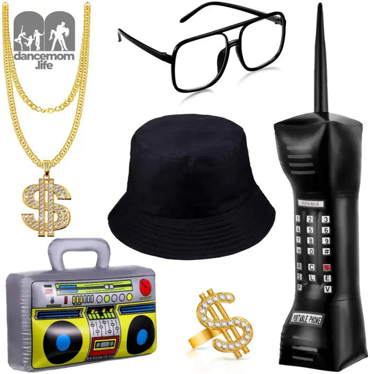 6 Pcs 80S 90S Hip Hop Costume Outfit Kit Inflatable Radio Boombox Necklace Ring Sunglasses Hat Rapper Accessories