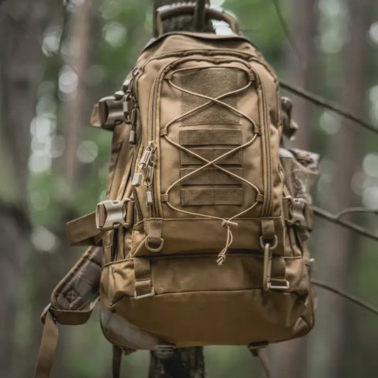 Tan tactical backpack.