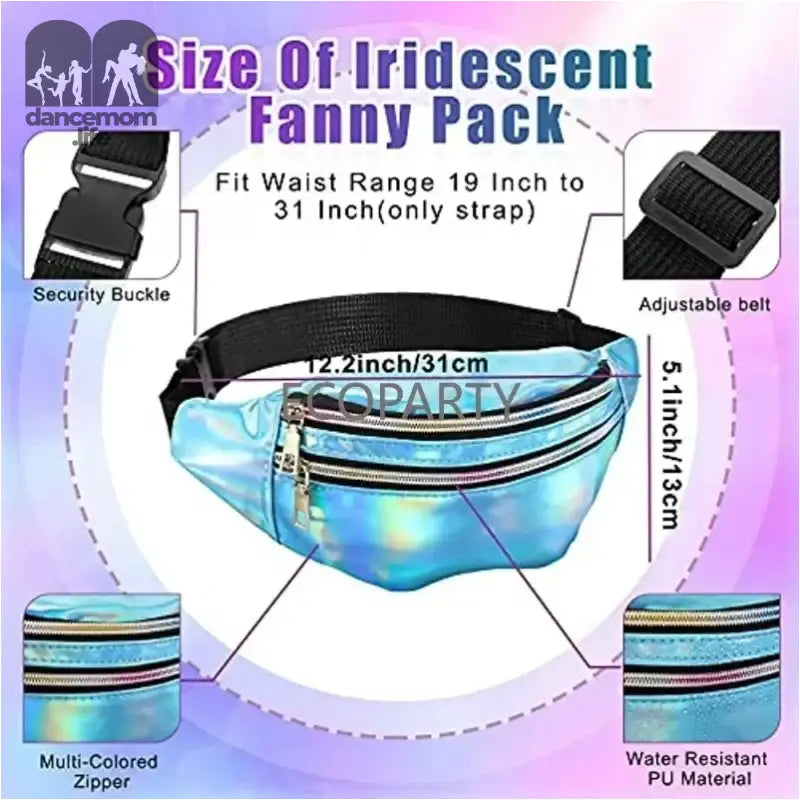 Iridescent blue fanny pack with black straps and multiple zippered compartments.