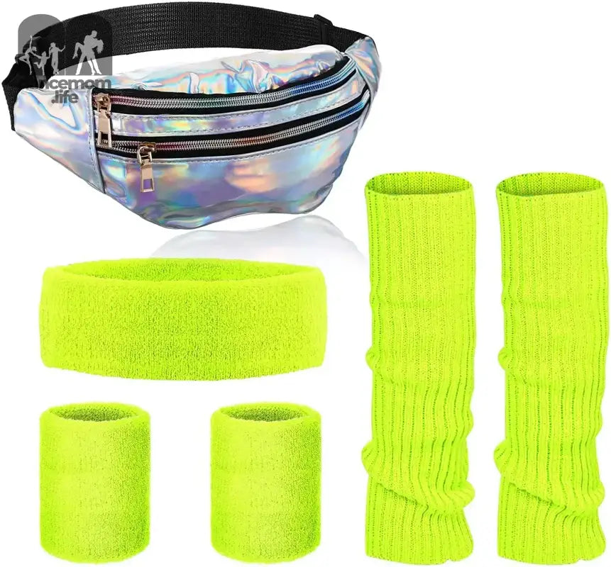 Holographic silver fanny pack with neon yellow sweatband accessories.