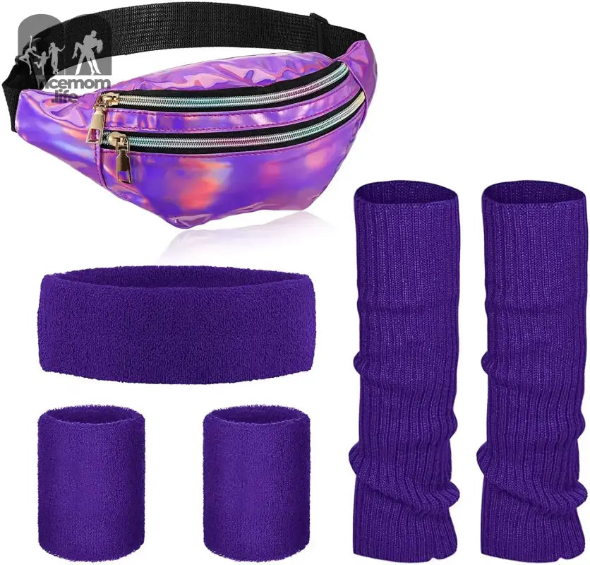 Holographic purple fanny pack with matching sweatbands, wristbands and leg warmers.