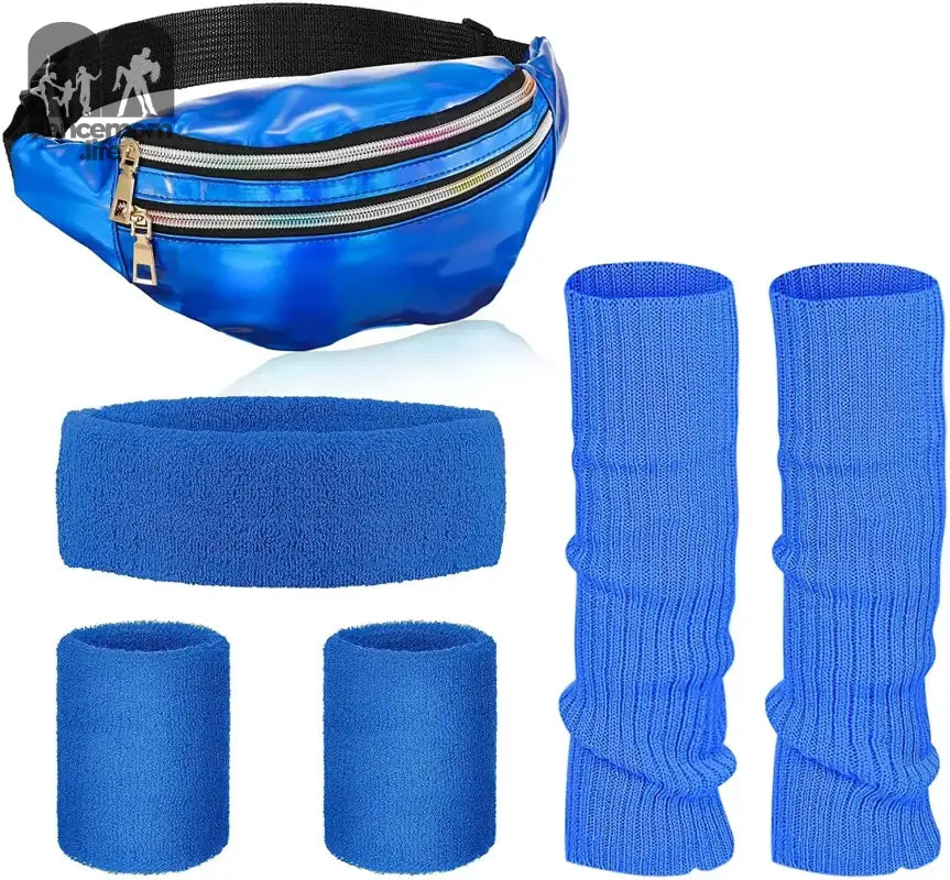 Metallic blue fanny pack with multiple zippered compartments and matching athletic accessories including sweatbands, wristbands, and leg warmers.