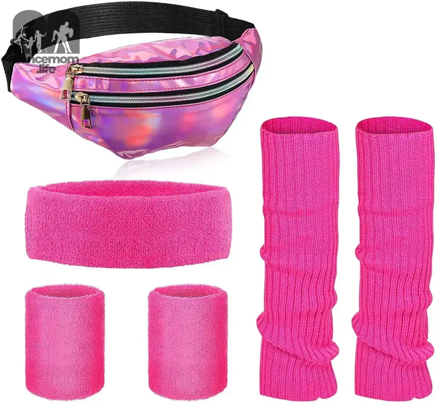 Holographic pink fanny pack with matching hot pink sweatbands, wristbands, and leg warmers.