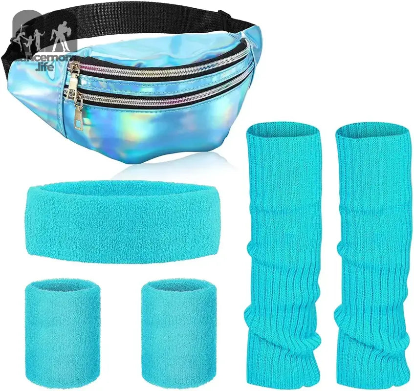 Holographic turquoise fanny pack with black zipper compartments and adjustable strap.